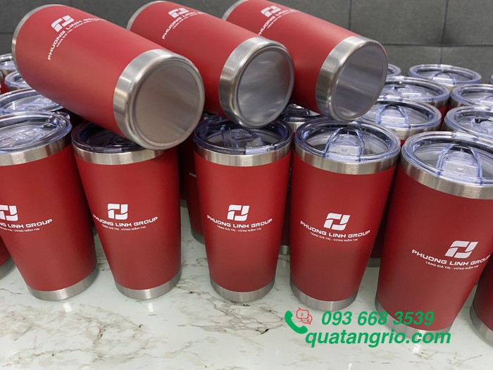 Ly giữ nhiệt inox màu đỏ ống hút in logo Doanh nghiệp Phương Linh
