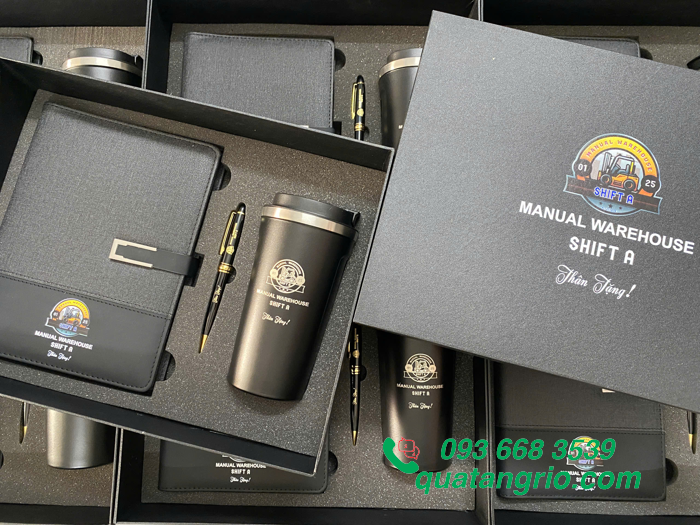 Bộ Quà Tặng Sổ Tay Da + Ly Giữ Nhiệt + Bút Kim Loại in khắc logo Manual Warehouse Shift A
