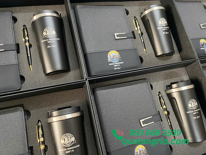 Bộ Quà Tặng Sổ Tay Da + Ly Giữ Nhiệt + Bút Kim Loại in khắc logo Manual Warehouse Shift A