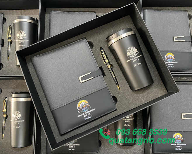Bộ Quà Tặng Sổ Tay Da + Ly Giữ Nhiệt + Bút Kim Loại in khắc logo Manual Warehouse Shift A